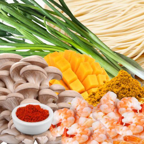 Garnelen, Nudeln, Mango, Austernpilze, Frühlingszwiebeln: Zutaten für die asiatische Nudelpfanne mit Garnelen